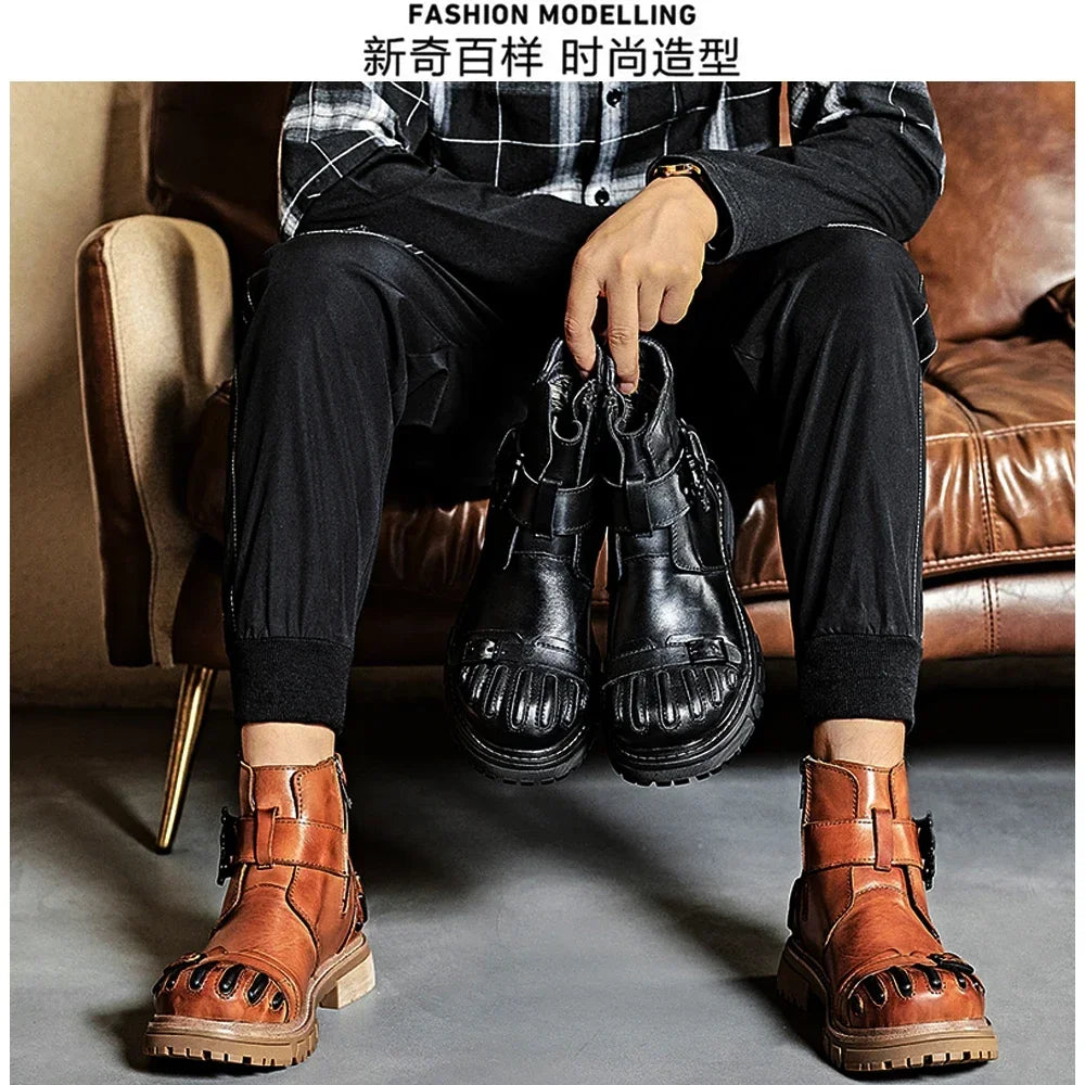 New Fashion Men's Genuine Leather Motorcycle Boots Goth Skull Punk Western Cowboy Mid-calf Platform Riding Boots ZIP Round Toe