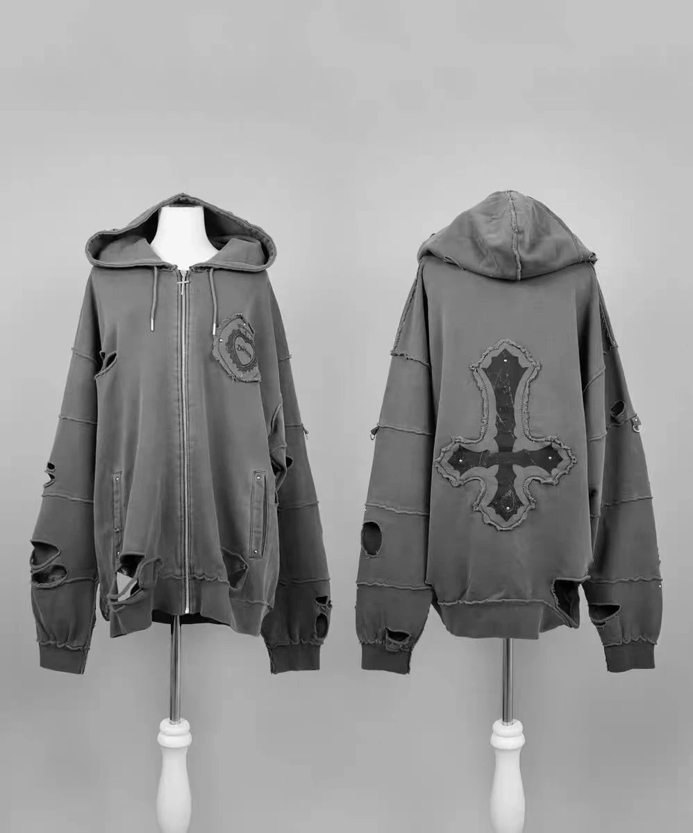 Japanese Mine Cross Ripped Retro Subculture Hooded Sweatshirt Cardigan Jacket Women's Goth Punk Zipper Hoodie Coat Outwear