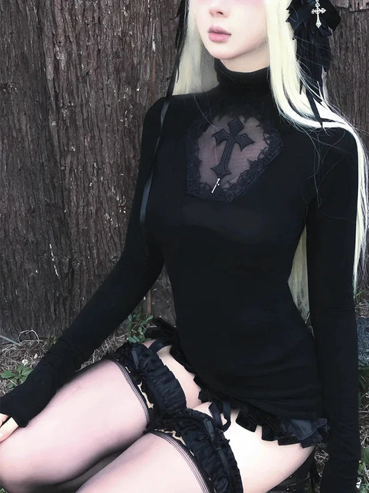 AltGoth Mall Goth Cross T-shirt Women Dark Punk Hotsweet Sexy Lace Patchwork Long Sleeve Tee Tops Emo Alternative Basic T-shirts