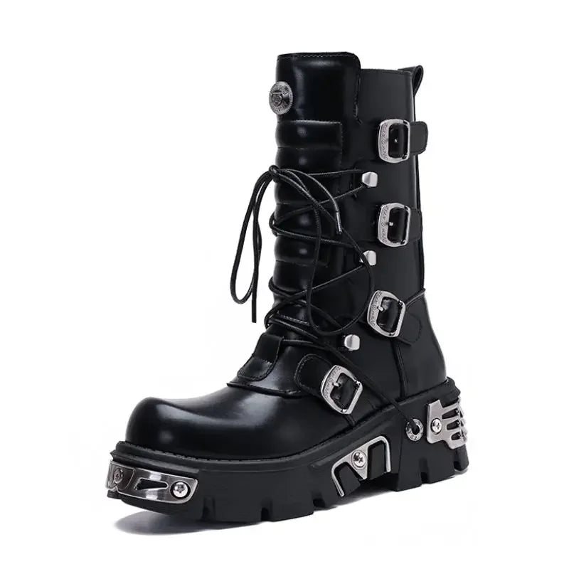 Men's Genuine Leather Motorcycle Boots Platform Goth Skull Punk Women Mid-calf Metallic New Western Cowboy Rock Boots
