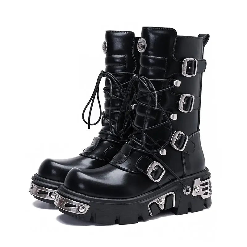 Men's Genuine Leather Motorcycle Boots Platform Goth Skull Punk Women Mid-calf Metallic New Western Cowboy Rock Boots