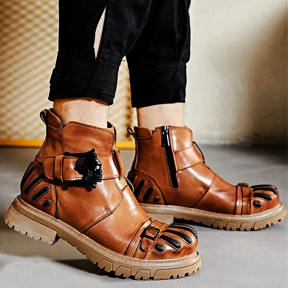 New Fashion Men's Genuine Leather Motorcycle Boots Goth Skull Punk Western Cowboy Mid-calf Platform Riding Boots ZIP Round Toe