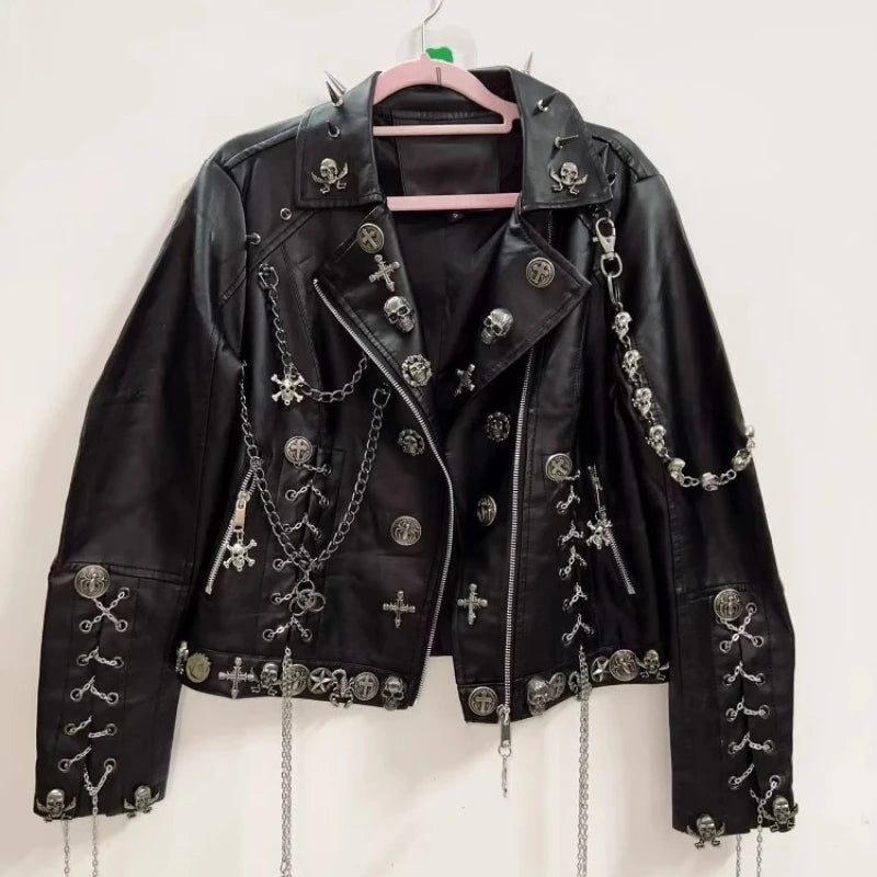 Original Design Punk Black Sweet Cool Rock Women's Leather Jacket 2025 Goth Heavy Industry Rivet Chain Dark Loose Coat Ladies