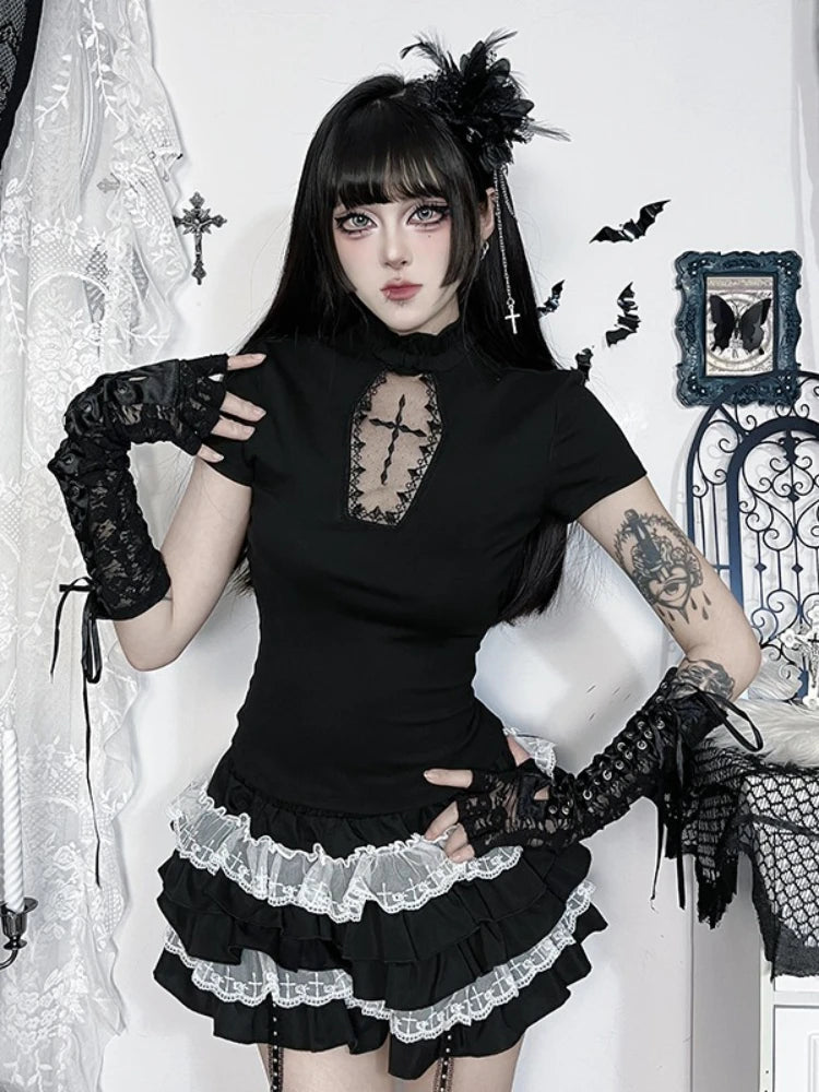 AltGoth Kawaii Mall Goth T-shirt Women Aesthetic Streetwear Vintage Y2k E-girl Lace Patchwork Short Sleeve O-neck Crop Tee Tops