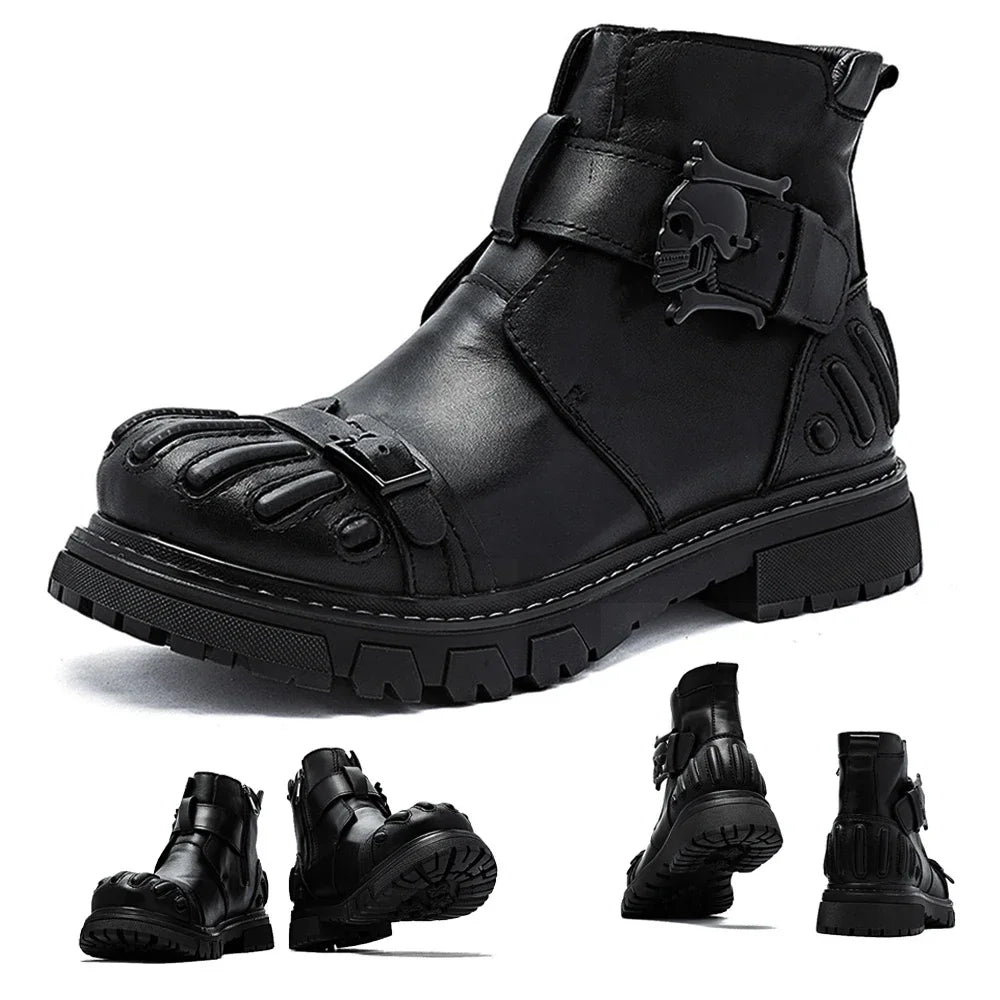 New Fashion Men's Genuine Leather Motorcycle Boots Goth Skull Punk Western Cowboy Mid-calf Platform Riding Boots ZIP Round Toe