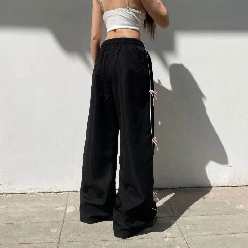Pink Bow Lace Up Loose Wide Leg Pants Elastic High Waist Casual All-match Straight Trousers Y2k Punk Goth Pantalones Mujer