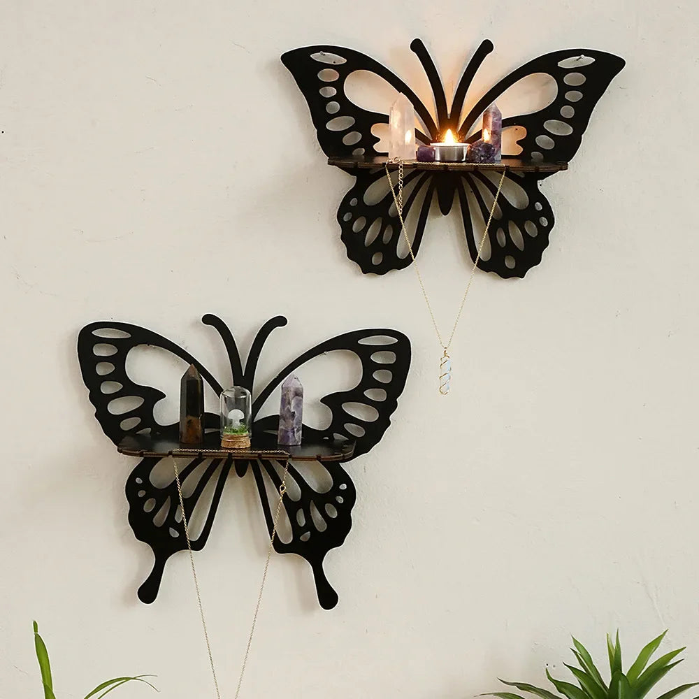 Black Wooden Butterfly Shelf Bomisia Hollow Crystal Display Wall Decor Handmade Home Decoration Storage Accessories
