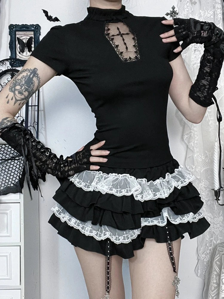 AltGoth Kawaii Mall Goth T-shirt Women Aesthetic Streetwear Vintage Y2k E-girl Lace Patchwork Short Sleeve O-neck Crop Tee Tops