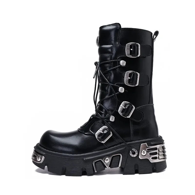 Men's Genuine Leather Motorcycle Boots Platform Goth Skull Punk Women Mid-calf Metallic New Western Cowboy Rock Boots