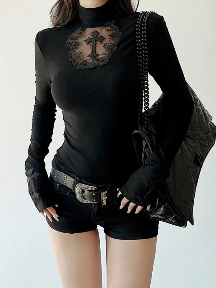 AltGoth Mall Goth Cross T-shirt Women Dark Punk Hotsweet Sexy Lace Patchwork Long Sleeve Tee Tops Emo Alternative Basic T-shirts