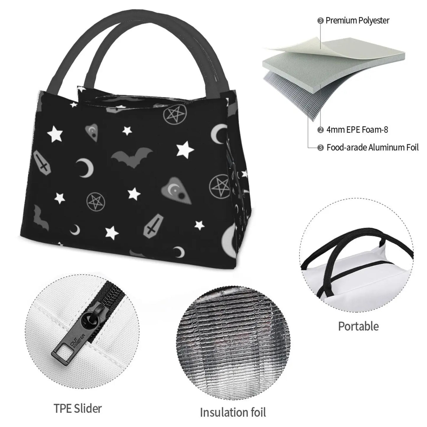 Cooler Lunch Bag Picnic Bag Goth Occult Pattern Goth Occult Pattern Moon Planchette Coffin Bats Stars Pentagram Spirit