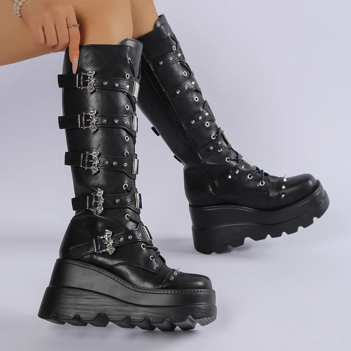 New Ladies Goth Platform Boots Fashion Rivet Buckle Punk Wedges High Heels women's Boots Party Street Cosplay Woman Gothic Shoes