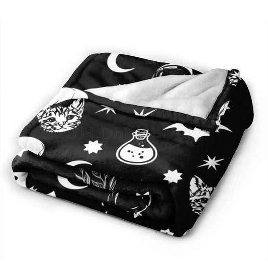 Gothic Skull Cat Moon Pattern Blanket Flannel Fleece Throw Blankets Micro Fleece Cozy Covers for Bed Sofa Car Home Decoration