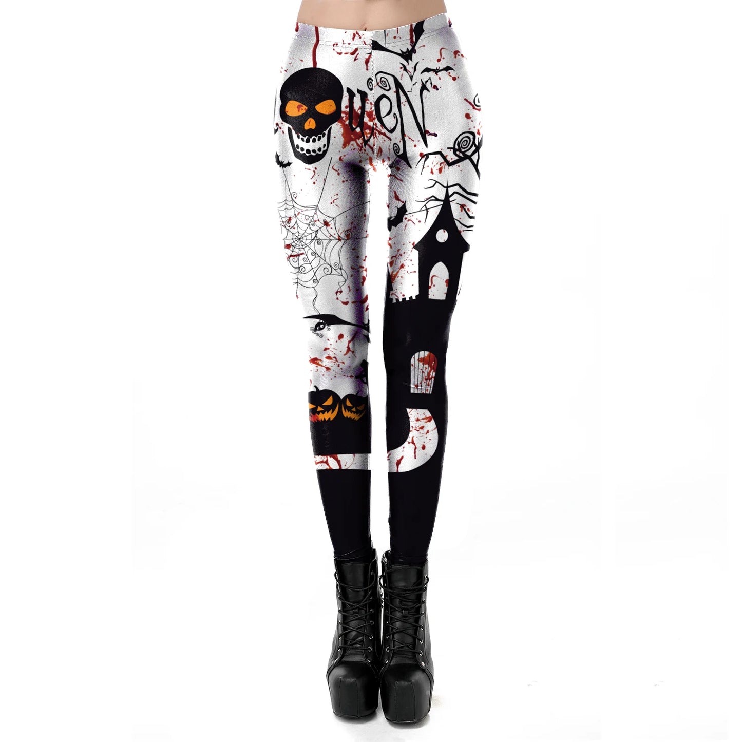 [You're MySecret] Sexy Sanding Women Cropped Pants High Waist Elastic Leggings Ouija Cat Cartoon Leggin Black White Bats Trouser