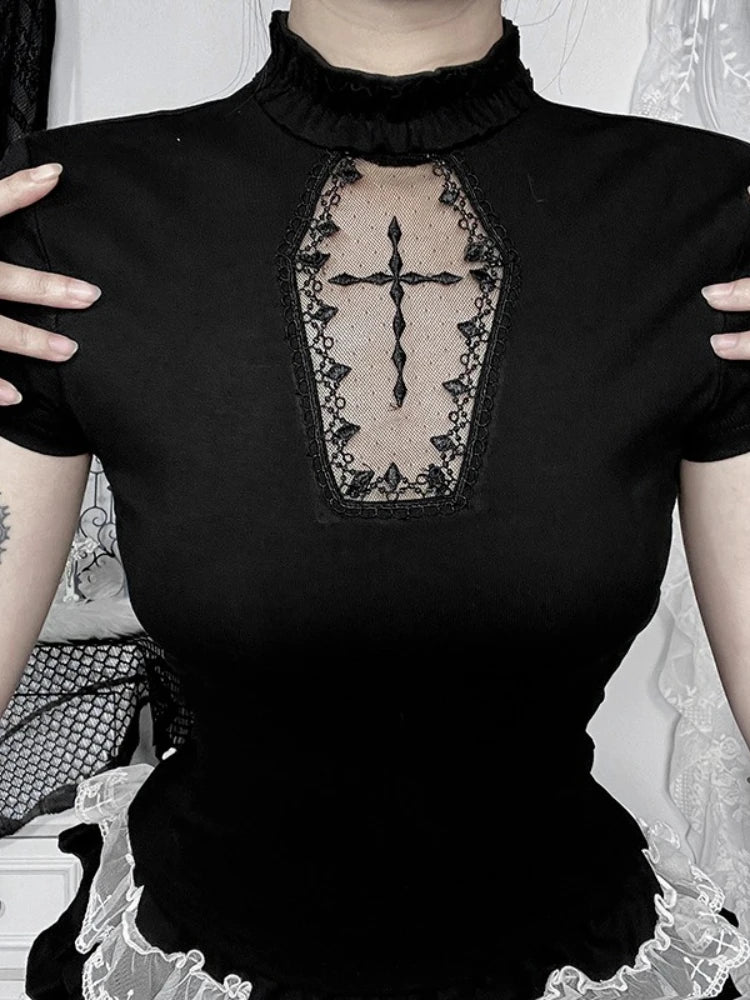 AltGoth Kawaii Mall Goth T-shirt Women Aesthetic Streetwear Vintage Y2k E-girl Lace Patchwork Short Sleeve O-neck Crop Tee Tops