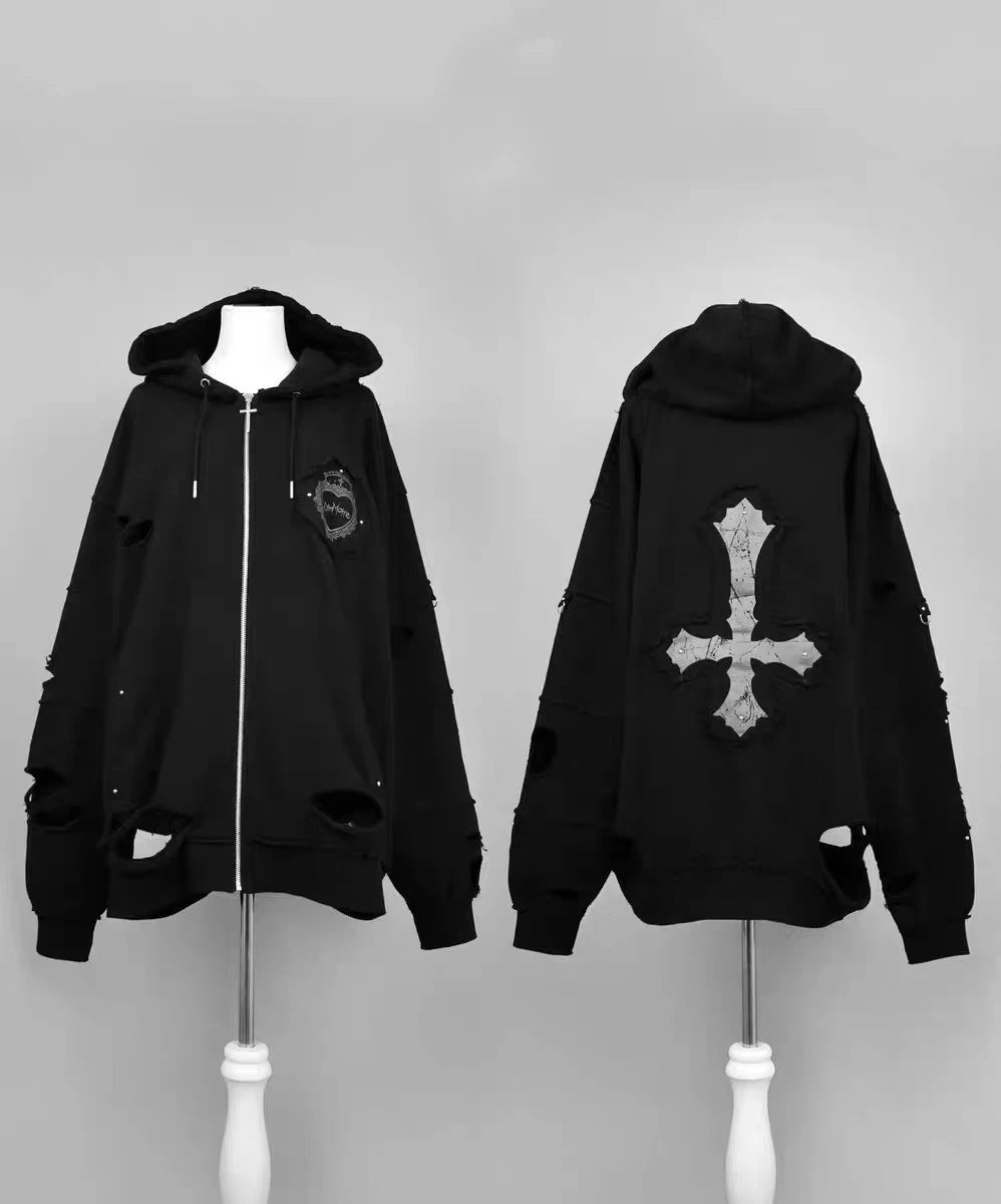 Japanese Mine Cross Ripped Retro Subculture Hooded Sweatshirt Cardigan Jacket Women's Goth Punk Zipper Hoodie Coat Outwear
