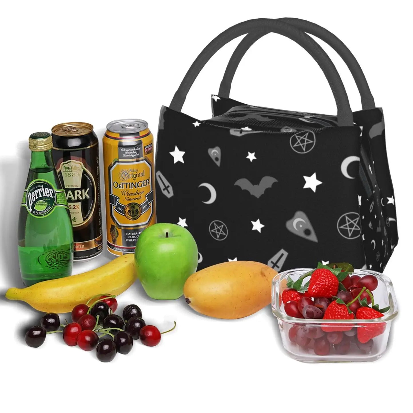 Cooler Lunch Bag Picnic Bag Goth Occult Pattern Goth Occult Pattern Moon Planchette Coffin Bats Stars Pentagram Spirit