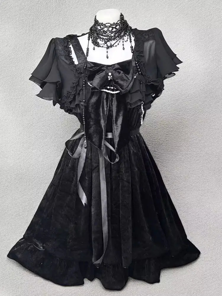 Summer Gothic Retro Lolita Dress Set Women Casual Black Short Cardigan + Y2k Vintage Bow Mini Dress Elegant Fashion 2 Piece Set