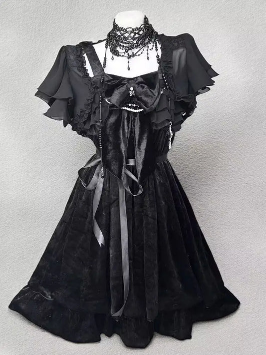 Summer Gothic Retro Lolita Dress Set Women Casual Black Short Cardigan + Y2k Vintage Bow Mini Dress Elegant Fashion 2 Piece Set