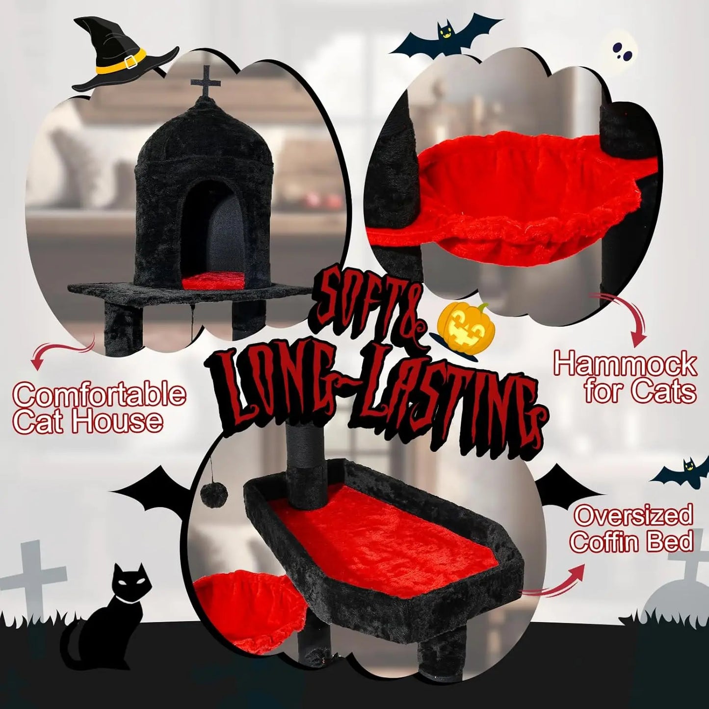 Gothic Cat Tree with Coffin Bed, 55" Goth Cat Tower with Spacious Cat Condo, Scratching Posts, Hanging Spider, Hammock,