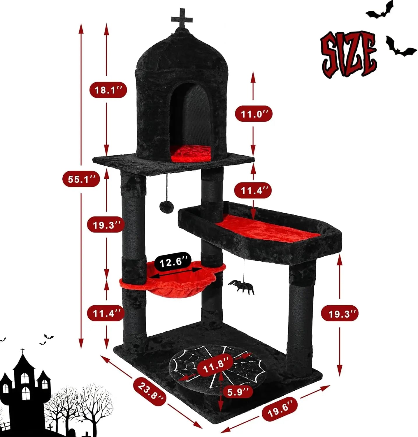 Gothic Cat Tree with Coffin Bed, 55" Goth Cat Tower with Spacious Cat Condo, Scratching Posts, Hanging Spider, Hammock,