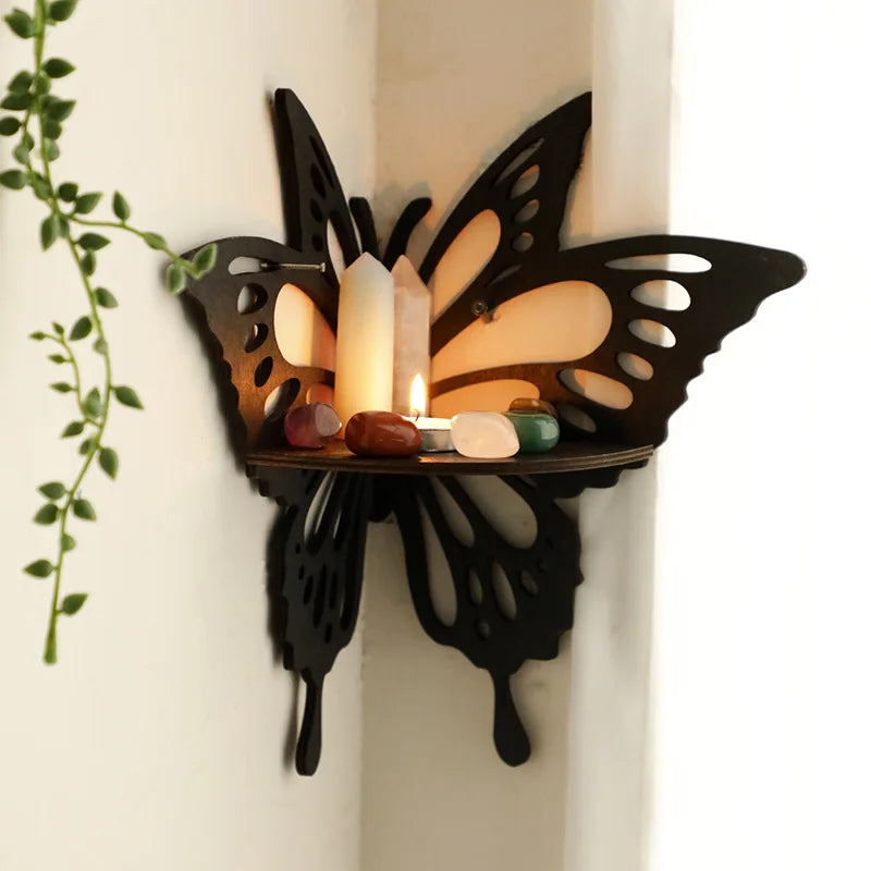 Black Wooden Butterfly Shelf Bomisia Hollow Crystal Display Wall Decor Handmade Home Decoration Storage Accessories