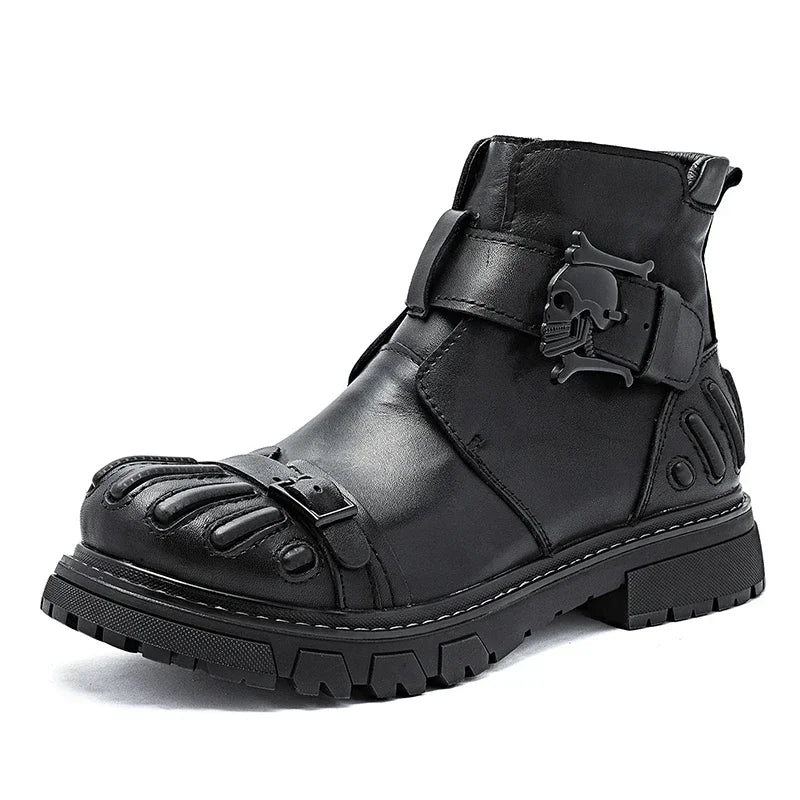 New Fashion Men's Genuine Leather Motorcycle Boots Goth Skull Punk Western Cowboy Mid-calf Platform Riding Boots ZIP Round Toe