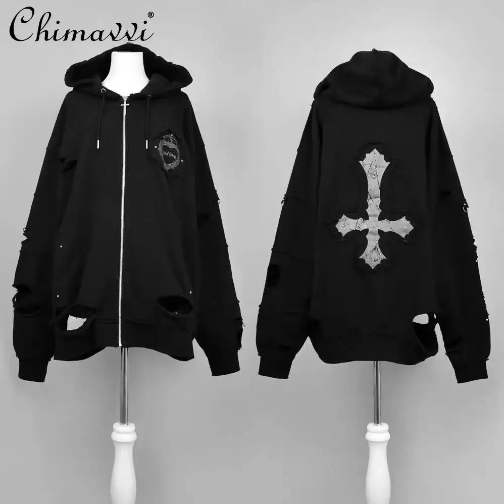Japanese Mine Cross Ripped Retro Subculture Hooded Sweatshirt Cardigan Jacket Women's Goth Punk Zipper Hoodie Coat Outwear