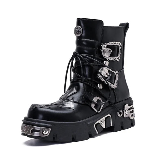 Men's Genuine Leather Motorcycle Boots Platform Goth Skull Punk Women Mid-calf Metallic New Western Cowboy Rock Boots