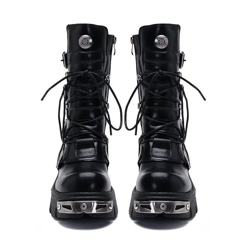 Men's Genuine Leather Motorcycle Boots Platform Goth Skull Punk Women Mid-calf Metallic New Western Cowboy Rock Boots