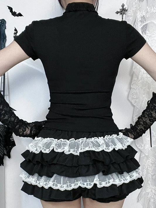 AltGoth Kawaii Mall Goth T-shirt Women Aesthetic Streetwear Vintage Y2k E-girl Lace Patchwork Short Sleeve O-neck Crop Tee Tops