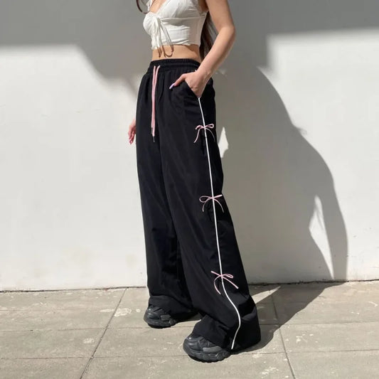 Pink Bow Lace Up Loose Wide Leg Pants Elastic High Waist Casual All-match Straight Trousers Y2k Punk Goth Pantalones Mujer