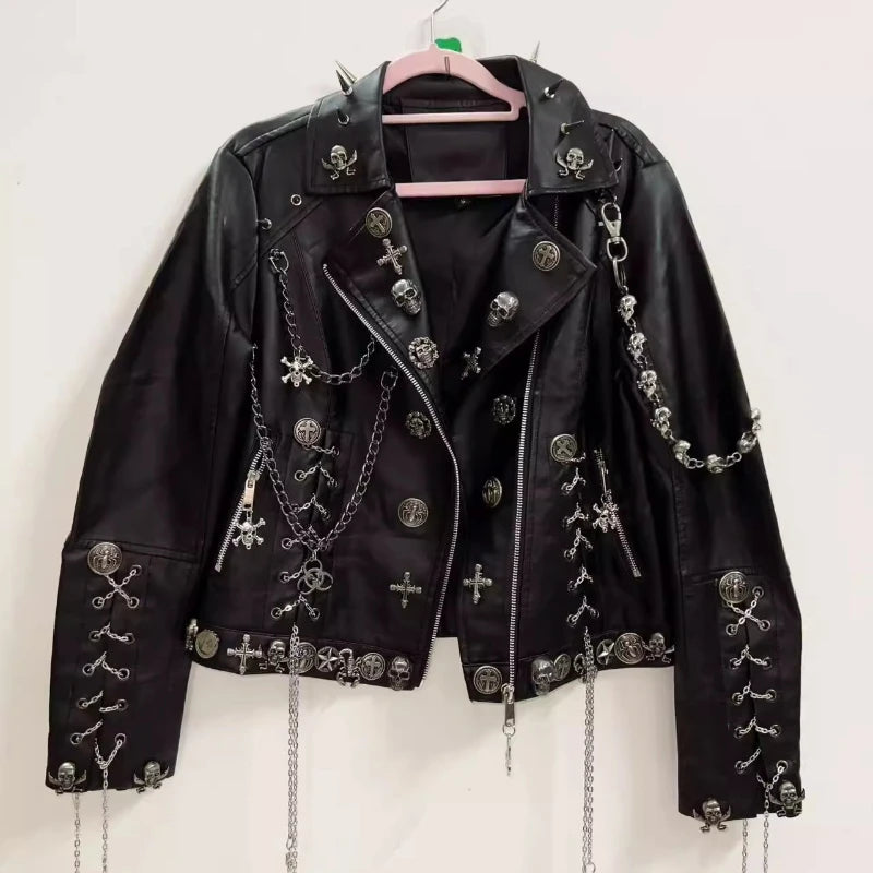 Original Design Punk Black Sweet Cool Rock Women's Leather Jacket 2025 Goth Heavy Industry Rivet Chain Dark Loose Coat Ladies