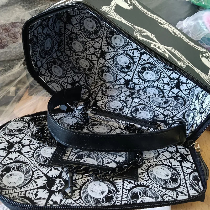 Trend Punk Style Skeleton Coffin Bag Gothic Bat Single Shoulder Bag Black PU Leather Purse Crossbody Bag