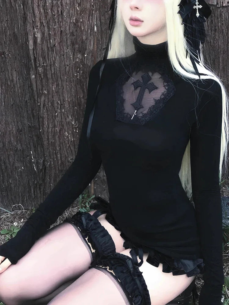 AltGoth Mall Goth Cross T-shirt Women Dark Punk Hotsweet Sexy Lace Patchwork Long Sleeve Tee Tops Emo Alternative Basic T-shirts