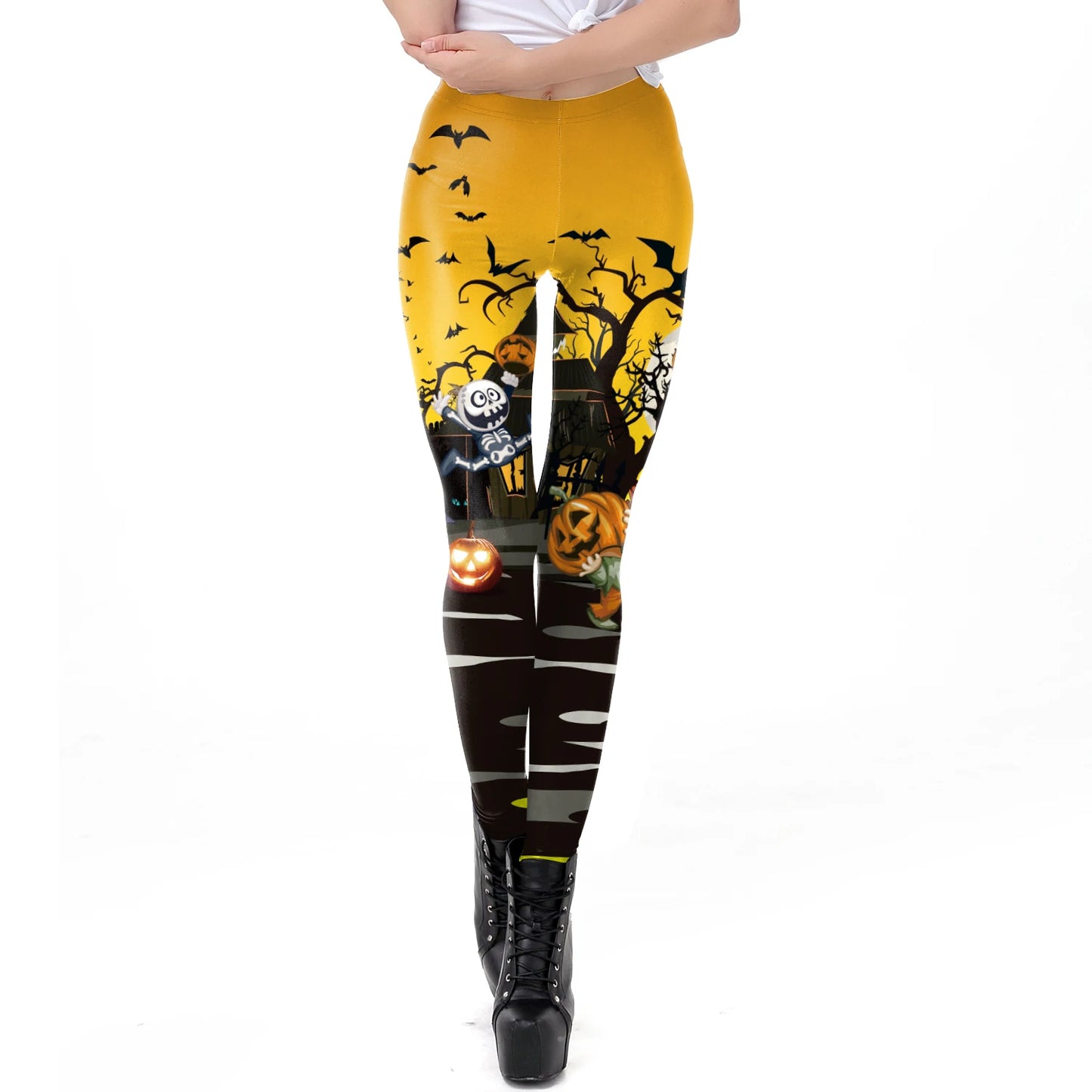 [You're MySecret] Sexy Sanding Women Cropped Pants High Waist Elastic Leggings Ouija Cat Cartoon Leggin Black White Bats Trouser
