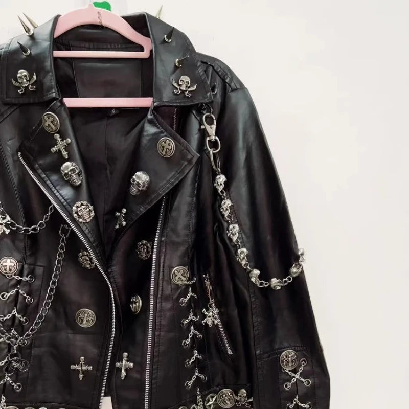 Original Design Punk Black Sweet Cool Rock Women's Leather Jacket 2025 Goth Heavy Industry Rivet Chain Dark Loose Coat Ladies