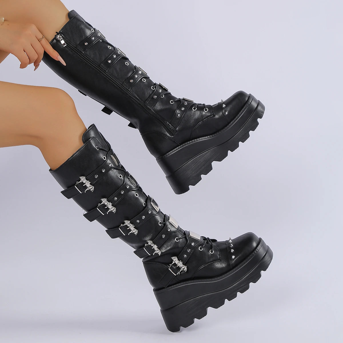 New Ladies Goth Platform Boots Fashion Rivet Buckle Punk Wedges High Heels women's Boots Party Street Cosplay Woman Gothic Shoes