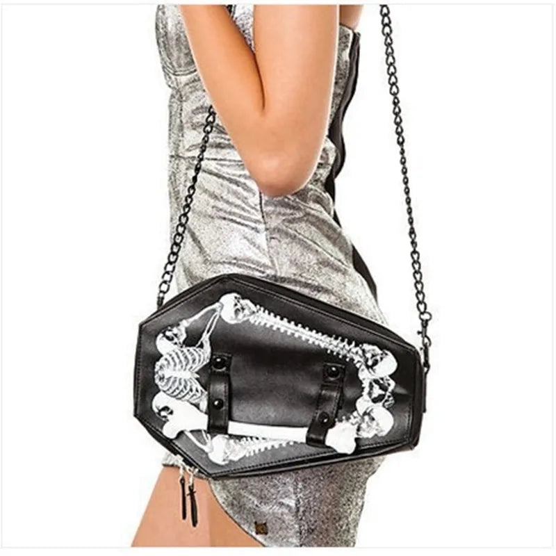 Trend Punk Style Skeleton Coffin Bag Gothic Bat Single Shoulder Bag Black PU Leather Purse Crossbody Bag