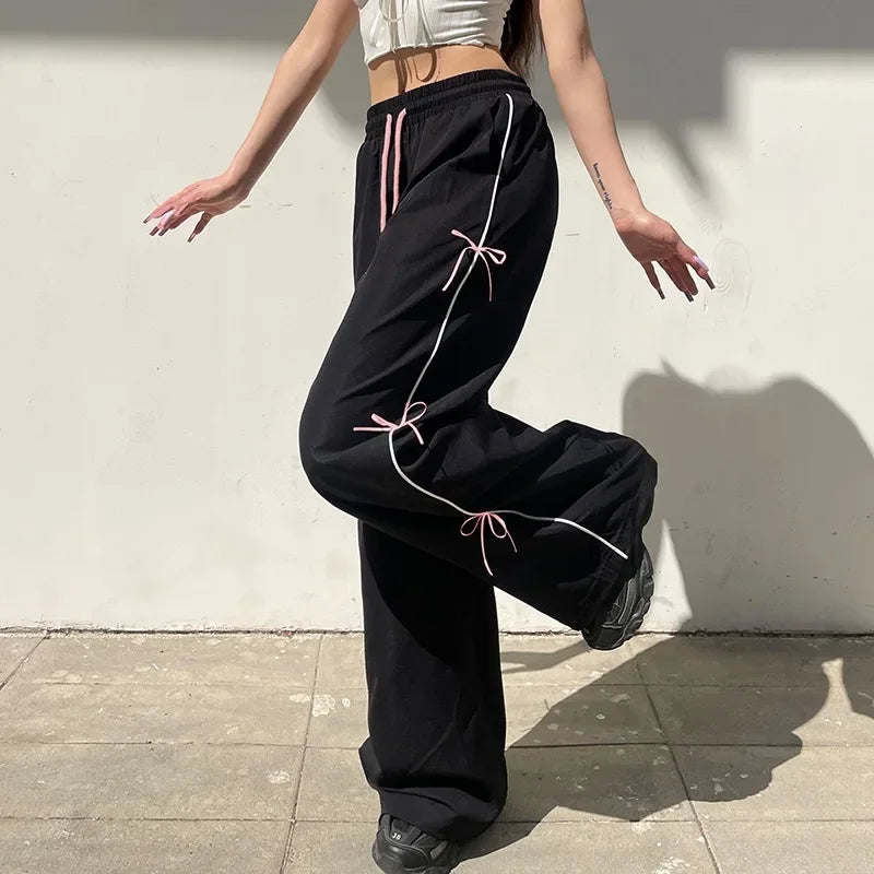 Pink Bow Lace Up Loose Wide Leg Pants Elastic High Waist Casual All-match Straight Trousers Y2k Punk Goth Pantalones Mujer
