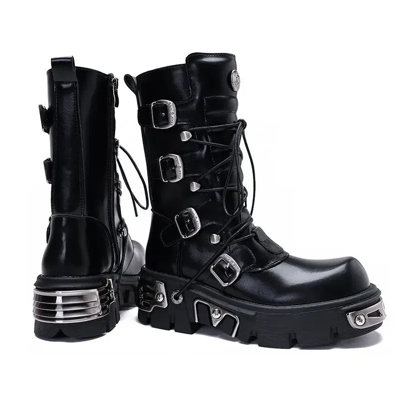 Men's Genuine Leather Motorcycle Boots Platform Goth Skull Punk Women Mid-calf Metallic New Western Cowboy Rock Boots
