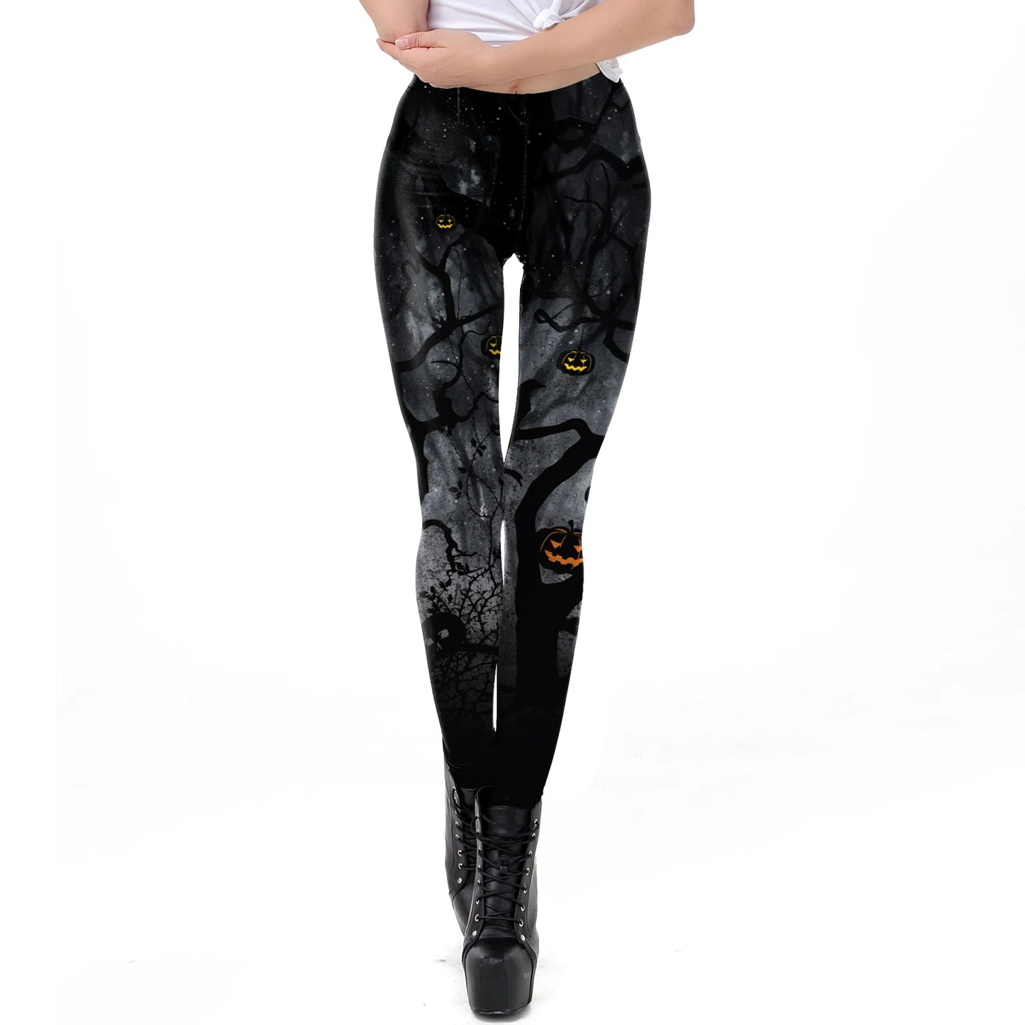 [You're MySecret] Sexy Sanding Women Cropped Pants High Waist Elastic Leggings Ouija Cat Cartoon Leggin Black White Bats Trouser