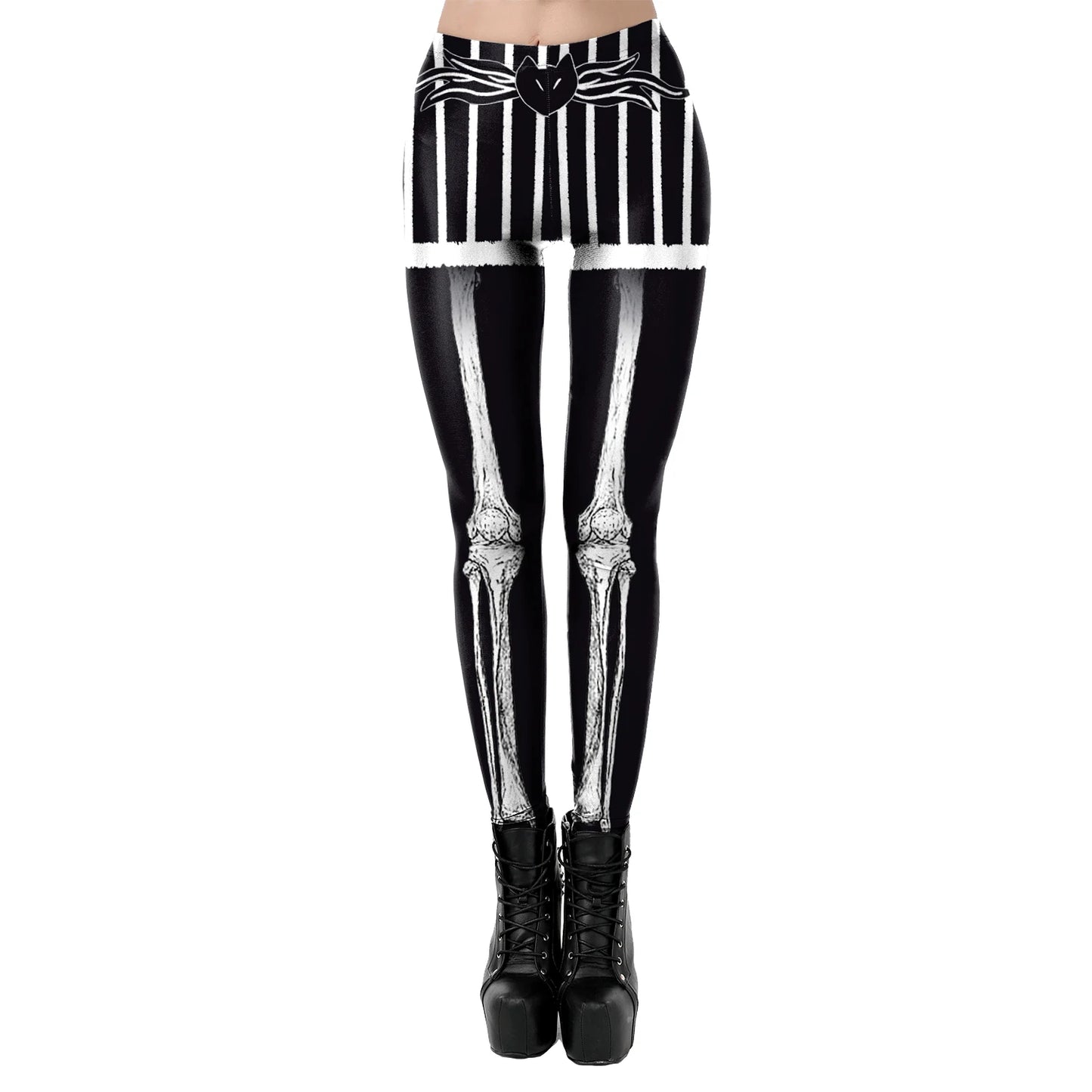 [You're MySecret] Sexy Sanding Women Cropped Pants High Waist Elastic Leggings Ouija Cat Cartoon Leggin Black White Bats Trouser
