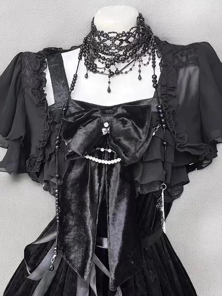 Summer Gothic Retro Lolita Dress Set Women Casual Black Short Cardigan + Y2k Vintage Bow Mini Dress Elegant Fashion 2 Piece Set