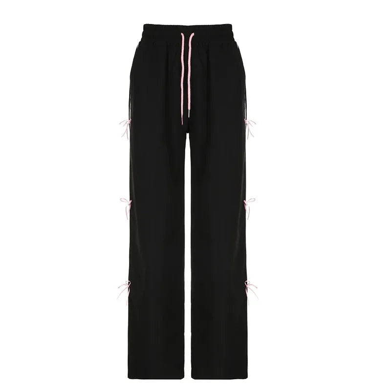 Pink Bow Lace Up Loose Wide Leg Pants Elastic High Waist Casual All-match Straight Trousers Y2k Punk Goth Pantalones Mujer