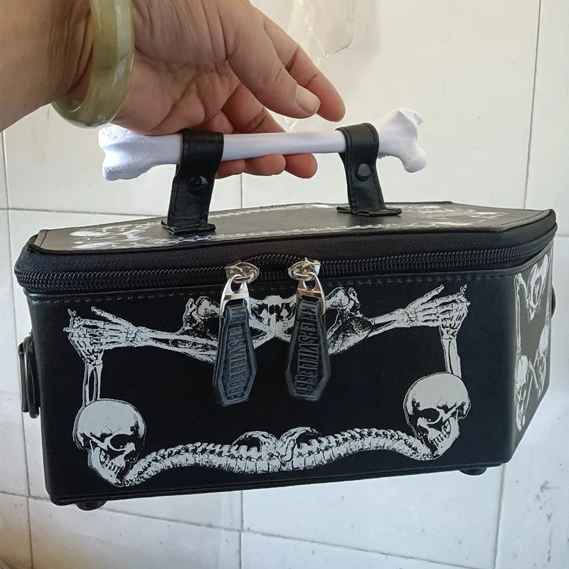 Trend Punk Style Skeleton Coffin Bag Gothic Bat Single Shoulder Bag Black PU Leather Purse Crossbody Bag