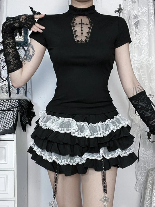 AltGoth Kawaii Mall Goth T-shirt Women Aesthetic Streetwear Vintage Y2k E-girl Lace Patchwork Short Sleeve O-neck Crop Tee Tops