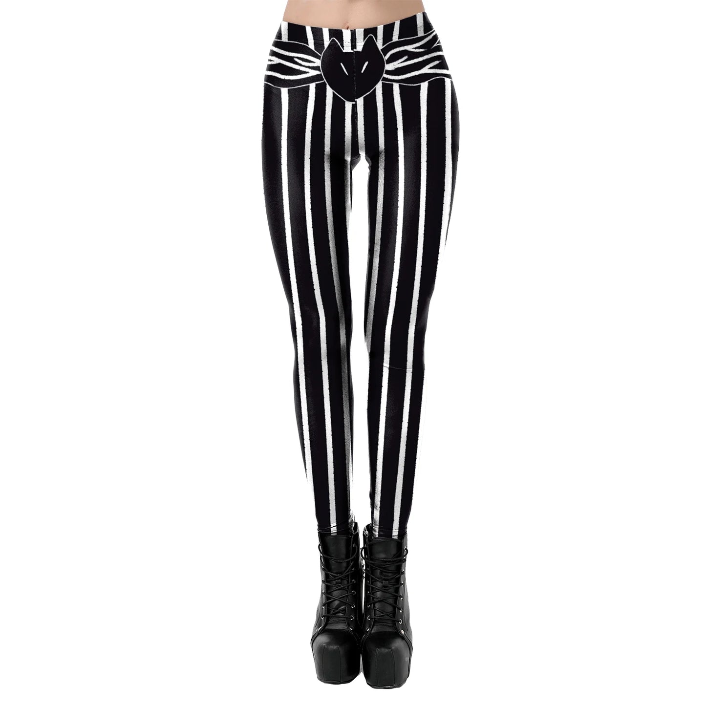[You're MySecret] Sexy Sanding Women Cropped Pants High Waist Elastic Leggings Ouija Cat Cartoon Leggin Black White Bats Trouser