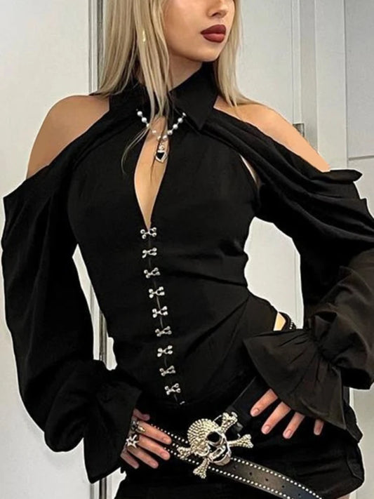 AltGoth Mall Goth Corset T-shirt Women Vintage Streetwear Aesthetic Sexy Hollow Out Button Off The Shoulder Long Sleeve Tee Tops