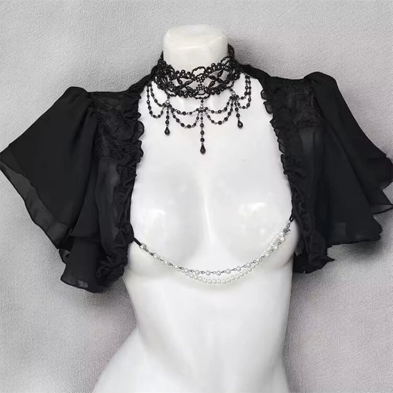 Summer Gothic Retro Lolita Dress Set Women Casual Black Short Cardigan + Y2k Vintage Bow Mini Dress Elegant Fashion 2 Piece Set